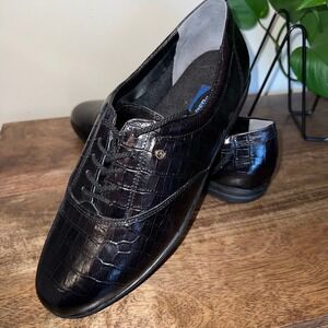 Easy Spirit Avienta Womens 9D/B Lace Up Leather Loafers‎ Black Embossed Comfort